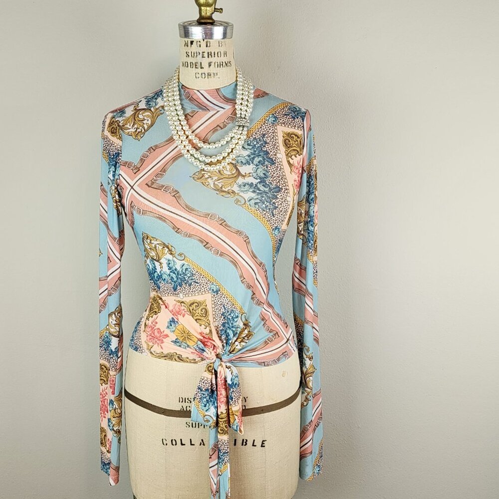 Vintage Guess Nylon Mesh Printed Long Sleeve Blouse with Waist Tie Ladies Medium